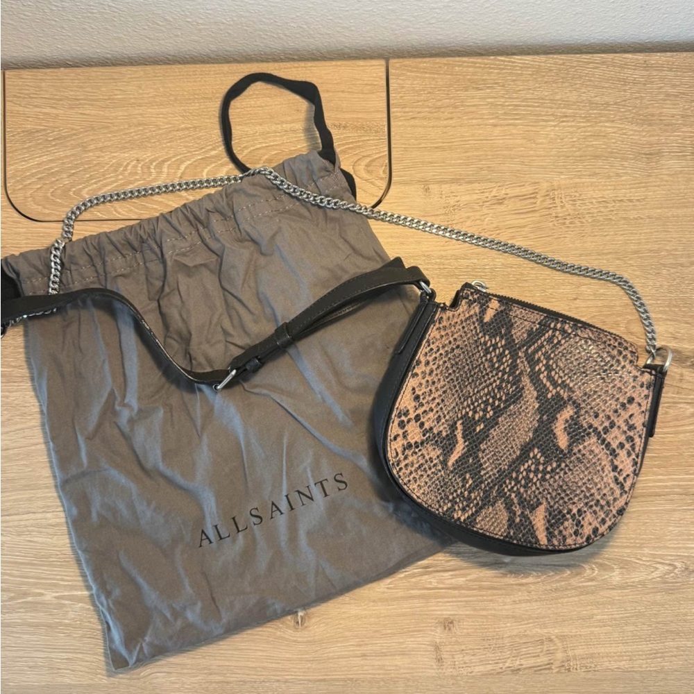 All Saints Black and Brown Crossbody Bag with Snake Print